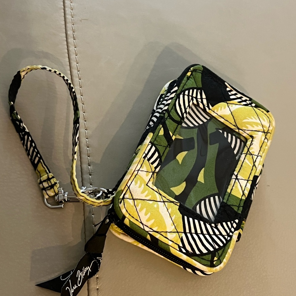 VERA BRADLEY La Neon Rose Euro Wallet / Wristlet Black Lime Green 3.5” x 5.5”